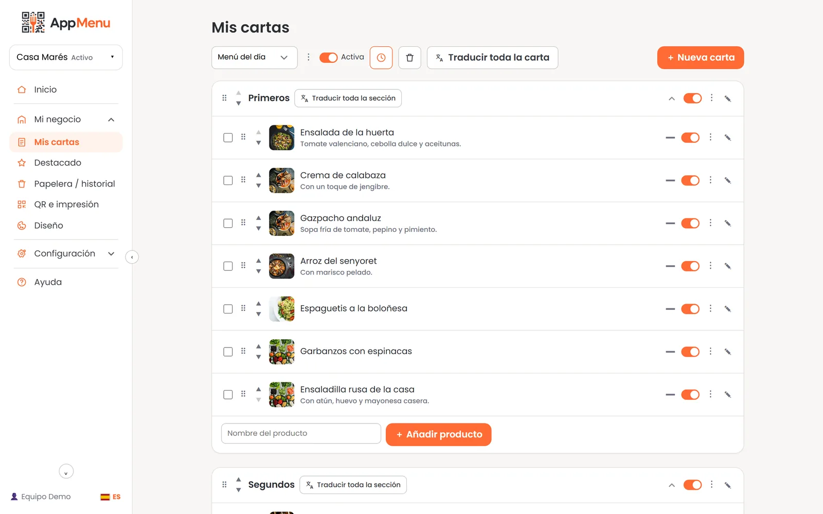 Panel de gestión de AppMenu