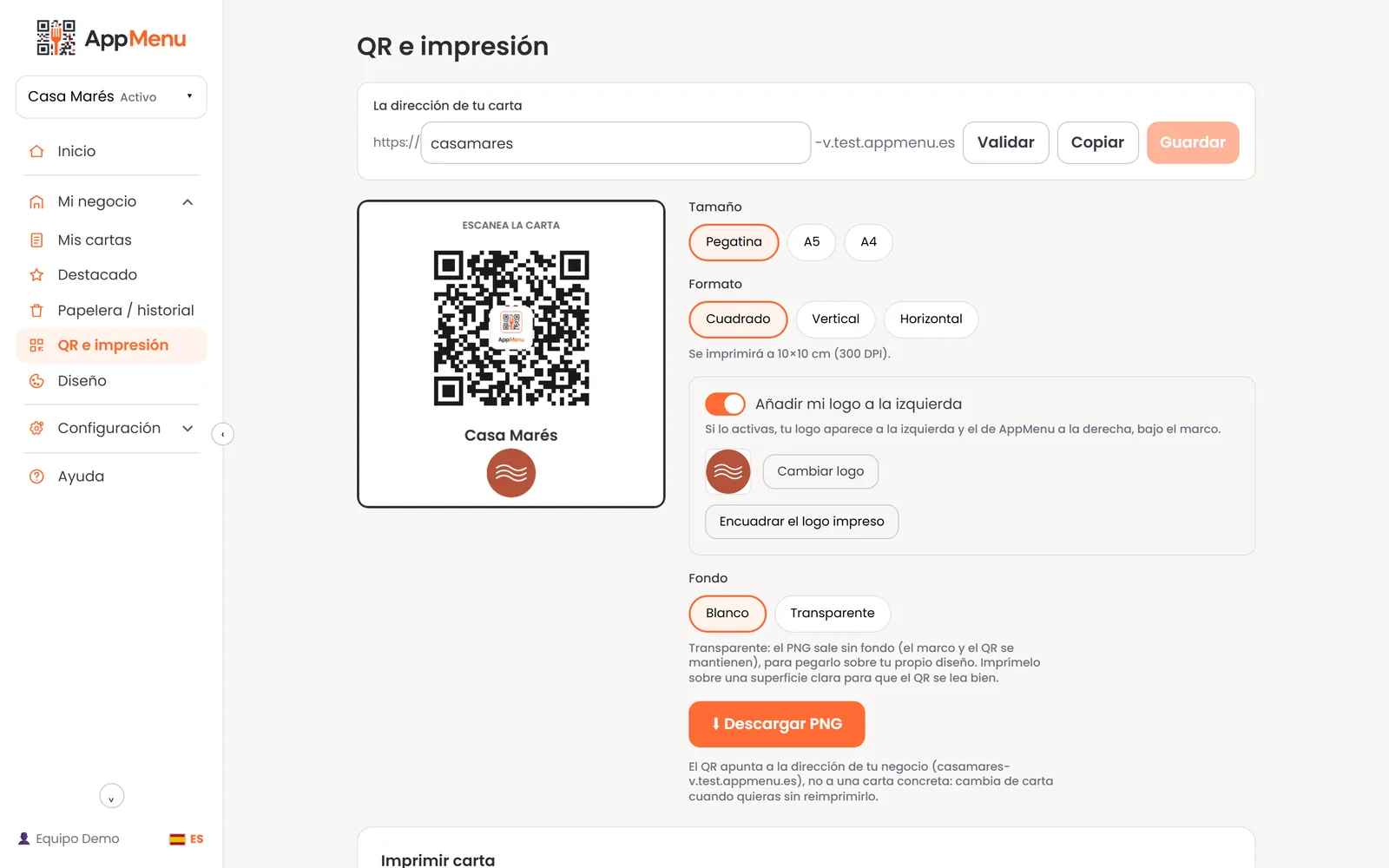 Panel — QR e impresión con tamaños y formatos